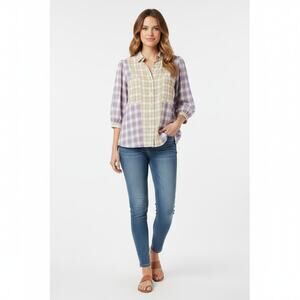 POL Plaid Tapered Button Up Blouse